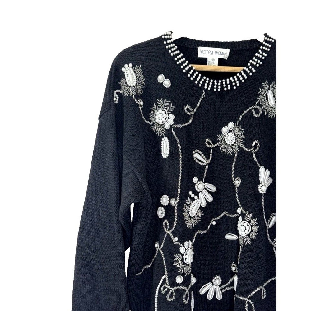 VTG Womans 2X Sweater Crew Embellished Beaded Pearls Floral Glam Jeweled 3D Knit